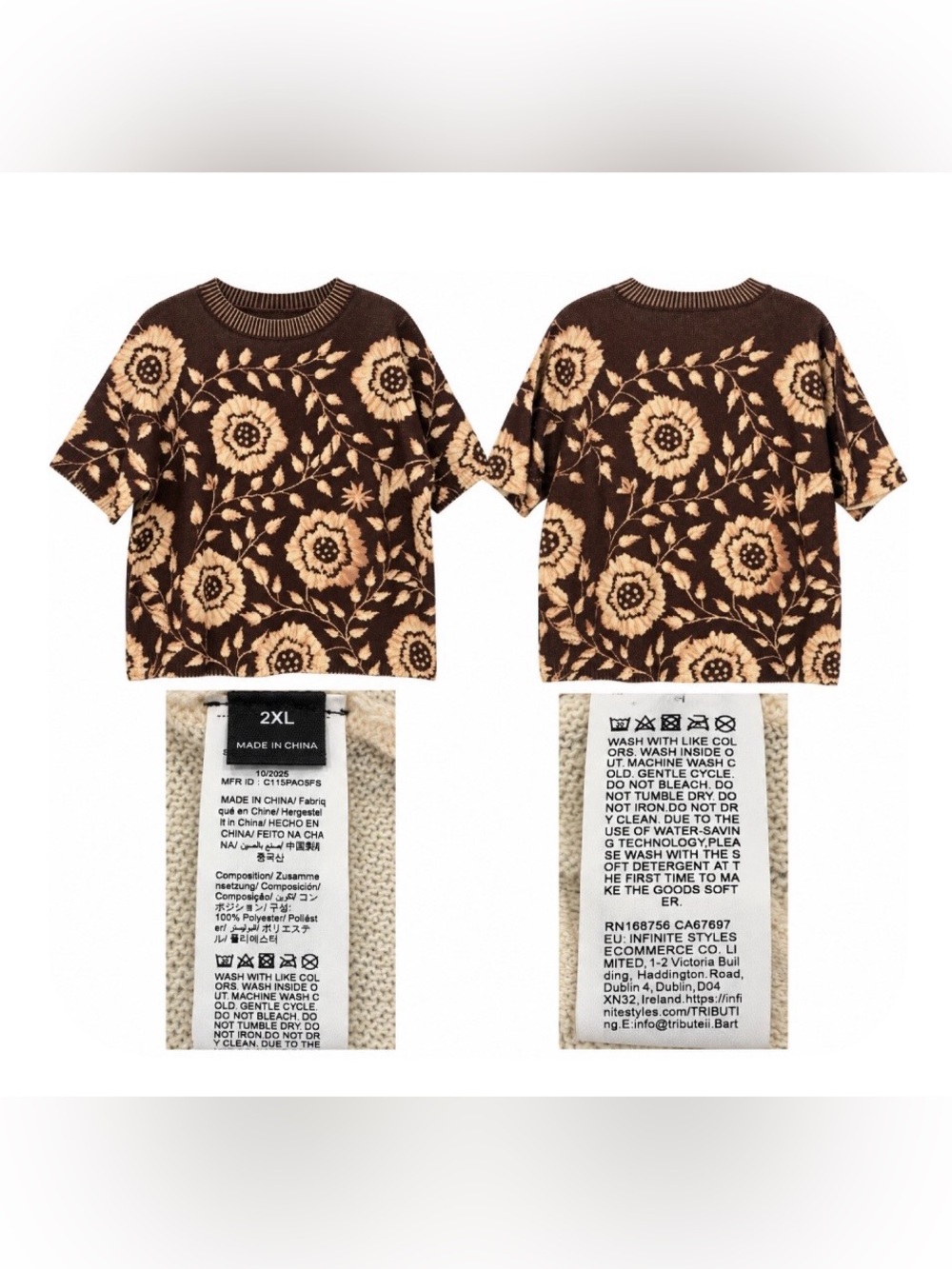 Boho Inspired Brown & Cream Floral Knit Short Sleeve Sweater Top 2XL